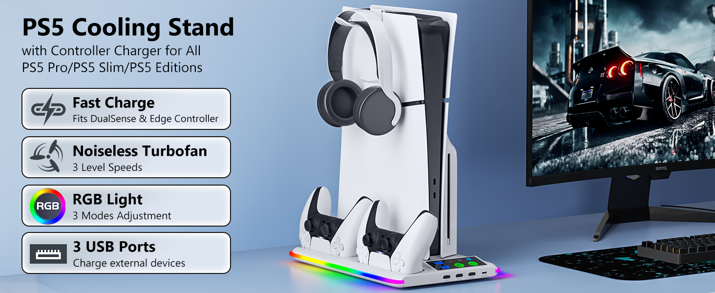BRHE PS5/Slim/Pro Cooling &amp;amp; Charging Station,PS5/ Slim/Pro Stand,PS 5 Controller Charger