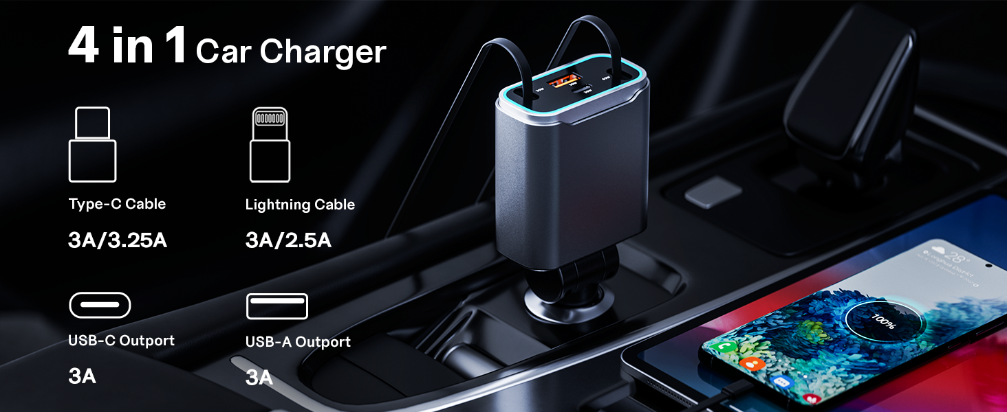 retractable car charger 4 in 1 fast car phone