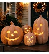 Fall Decor - Halloween Decorations - Handmade Terracotta Pumpkin Jack O' Lantern with Flameless C...