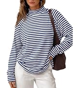 Trendy Queen Women Striped Long Sleeve T Shirts Mock Neck Cotton Blend Tops | Soft Stretch Knit L...
