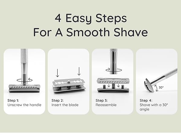 Infographic showing 4 steps for a smooth shave: prepare the handle, install the blade, reassemble, and attach a 3D pivot. Illustrations of safety razor components.