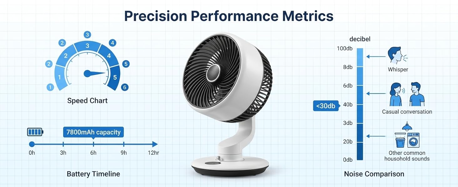 5-speed, 12-hour battery with 7800mAh capacity, and whisper-quiet operation below 30db.