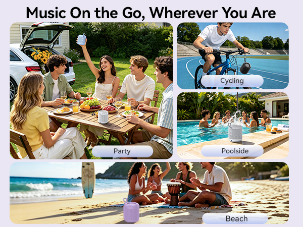 Text reads "Music On the Go, Wherever You Are". Composite of four lifestyle photos showing people enjoying music outdoors: picnic setting, poolside gathering, beach scene, and group with portable speaker.