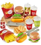 BUYGER Wooden Fast Food Playset for Kids Pretend Play Kitchen Set Educational Toy Gift for Toddle...