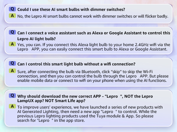 FAQ section for smart light bulbs, covering dimmer compatibility, voice assistant control, Wi-Fi connection, and app download information.