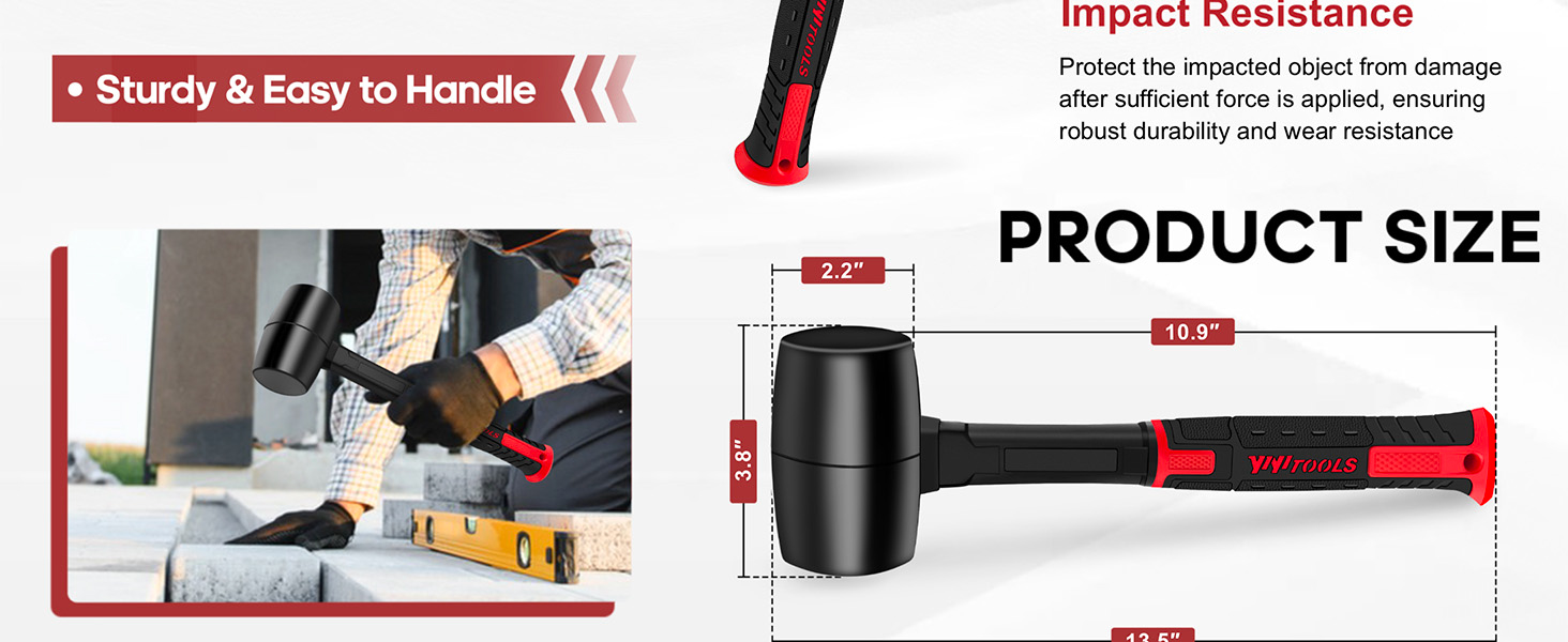 The PP+TPR composite hammer handle effectively reduces vibration, lessens arm strain.