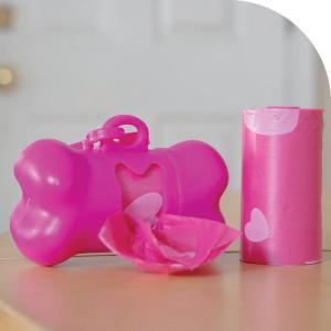 Best Pet Supplies Pink Heart Waste Bag with Dispenser on a Table