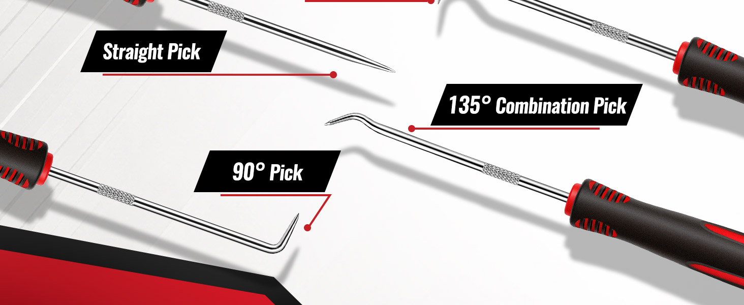 Pick set showing straight, 90-degree, and 135-degree combination tips with red-and-black handles.