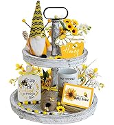 KnomeKo Bee Tiered Tray Decor Set, 6 Pcs Summer Farmhouse Decor with Gnome, Bee Hive, Sunflower W...