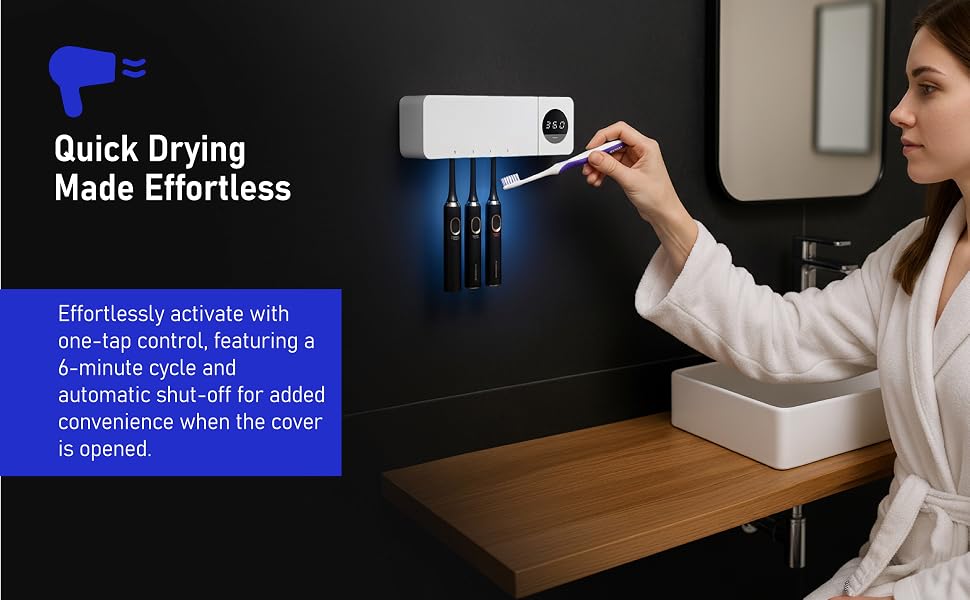 Wall mount tooth brush holder with UV sanitizing light air drying function