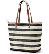 KALIDI Straw Tote Beach Bag Striped Shoulder Handbag Stitch Woven PU Leather Handle Zippe Travel ...