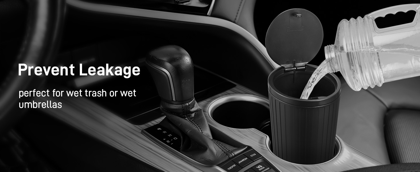Car cup holder with leak-prevention feature. Black cylindrical container with flip-top lid. Text indicates it's for wet trash or umbrellas. Water being poured into container.