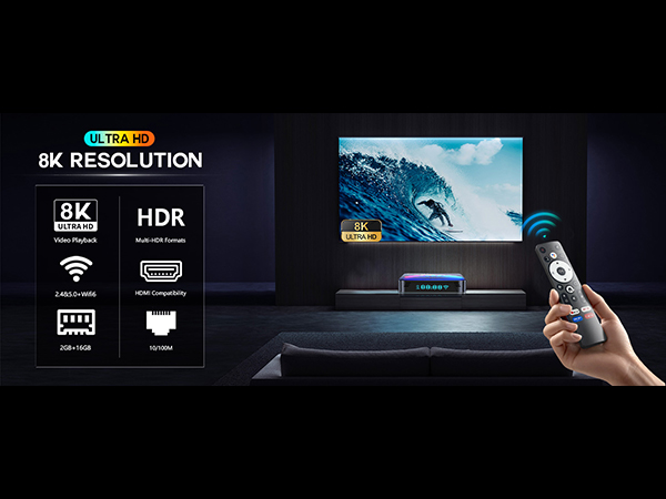 8K resolution smart TV features including HDR, WiFi, HDMI, and USB connectivity. Remote control in hand, displaying surfing image on screen.