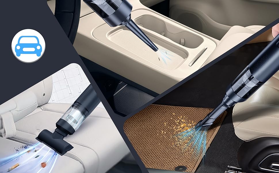 Cordless handheld vacuum cleaning dust from a car center console, seat crevices and floor mat area.