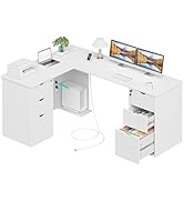 L Shaped Office Desk with Drawers - 66 Inch Modern Large Executive L-Shaped Computer Desk with Fi...