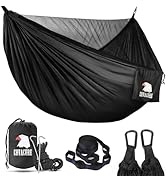 Black outdoor hammock shown from multiple angles, featuring carabiners and straps for attachment. Product appears lightweight and portable.