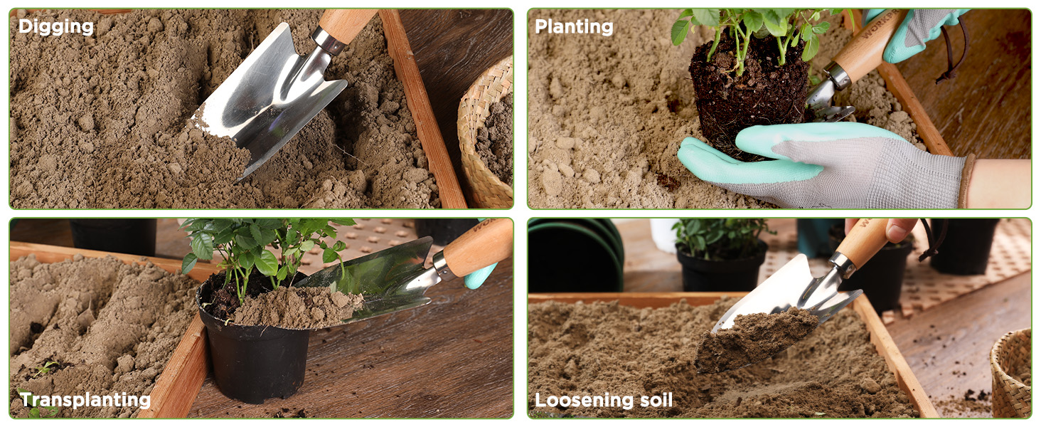 Four-panel sequence showing hands working with soil and gardening tools in close-up shots.