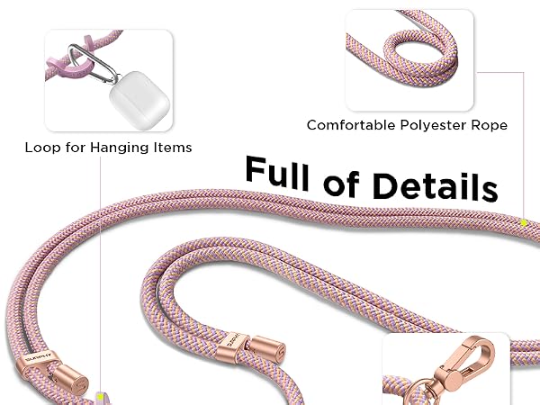 Pink braided polyester rope with rose gold metal attachments. Features include a hanging loop with white tag and a carabiner-style clip. Text indicates 'Comfortable Polyester Rope' and 'Full of Details'.