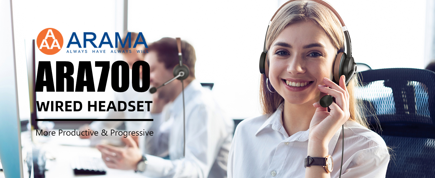 The female operator greets the camera with ARA700 wired headset.