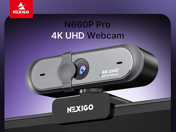 The N660P Pro 4K UHD webcam is mounted on a desktop computer.