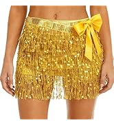Women’s Sequin Fringe Mini Skirt, Sparkly Tassel Hip Scarf Wrap for Rave Outfits