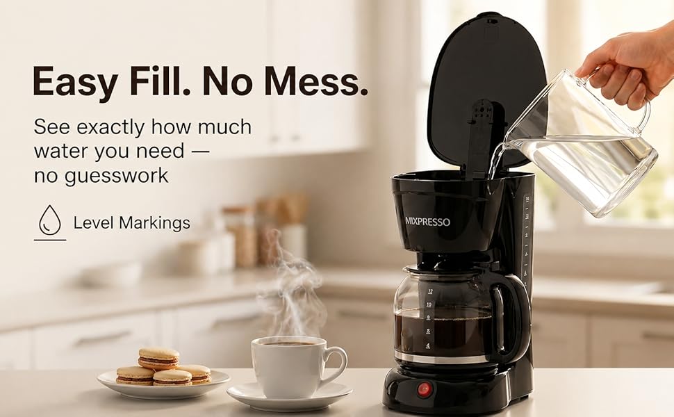 Pouring water into Mixpresso coffee maker with easy fill tank and level markings