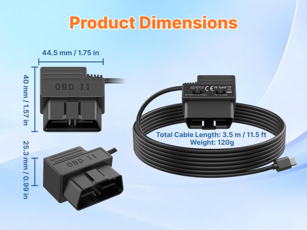 11.5ft OBD II Power Cord Specifications, Input 12V-24V, Output 5V 2.5A