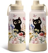 Gift for Cat Lovers - 34oz Black Cat Water Bottle for Girls, Cats Flower Tumbler with Lid, Leak-P...