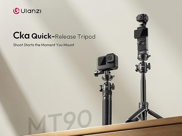 Text reads 'CKQ Quick-Release Tripod' and 'Ulanzi'. Product photo showing black camera tripod mounted on wooden surface.