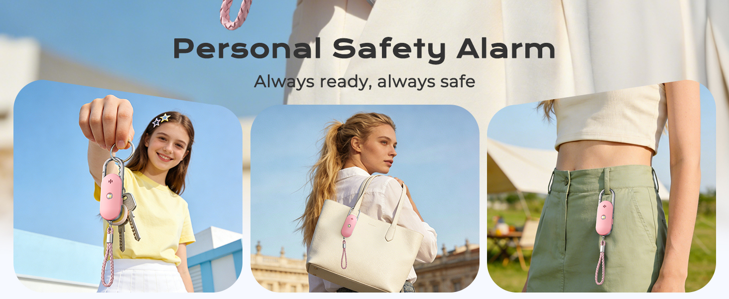 Text reads 'Personal Safety Alarm' and 'Always ready, always safe'. Three product demonstration panels showing portable alarm device worn/carried in different scenarios by children outdoors.