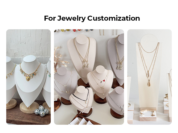 Text reads 'For Jewelry Customization'. Multiple white jewelry display busts showing various necklace styles including layered chains, pendants, and statement pieces against light backgrounds.