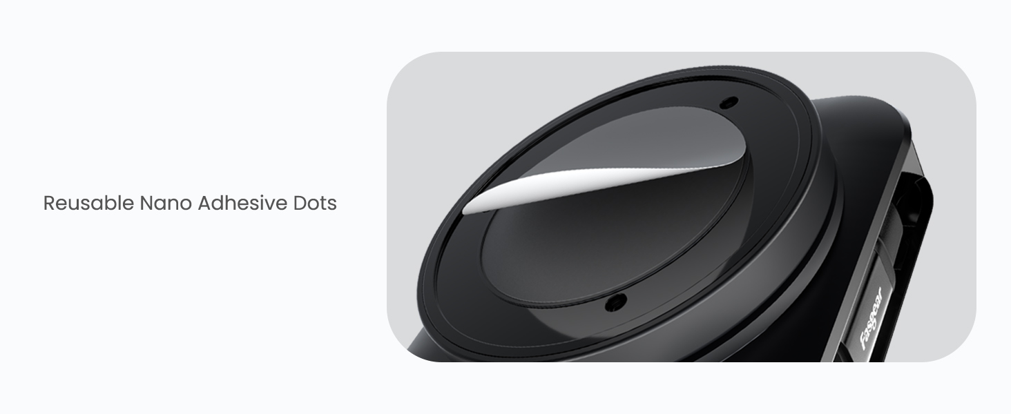 Close-up of a black circular device with a glossy surface. Text mentions 'Reusable Nano Adhesive Dots', suggesting a product for adhesive applications.