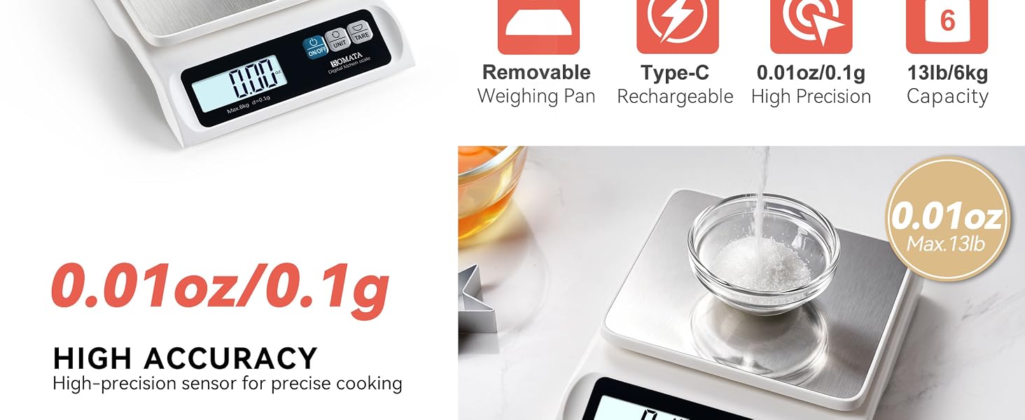 BOMATA 0.1g Food Scale, 13lb Digital Kitchen Scale with Removable Stainless Steel Pan