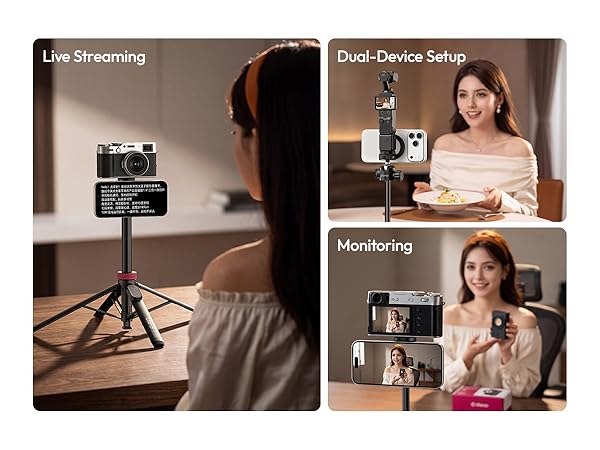 Text reads "Live Streaming", "Dual-Device Setup", "Monitoring". Three-panel composite showing smartphone mounted on tripod for streaming, woman holding product while streaming, and woman monitoring content on shelving background.