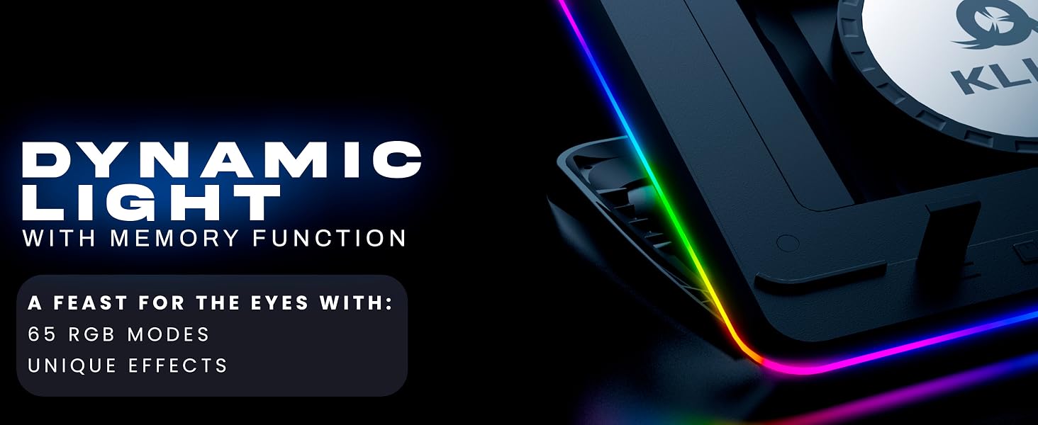 Text reads 'DYNAMIC'. RGB gaming mousepad with illuminated edges, showing rainbow lighting effects against dark background.