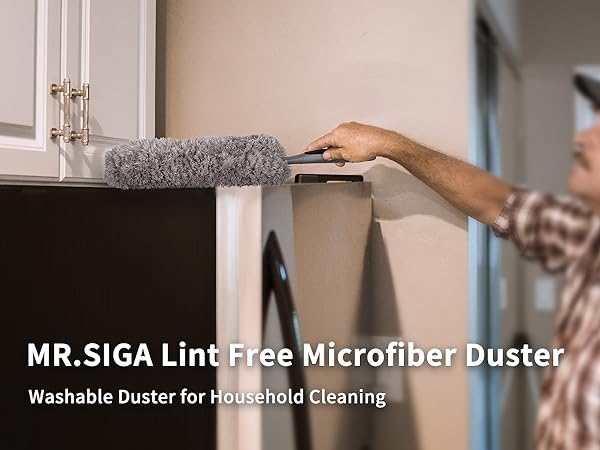 MR.SIGA Lint Free Microfiber Duster shown cleaning cabinet surface, featuring gray microfiber head for household cleaning tasks.