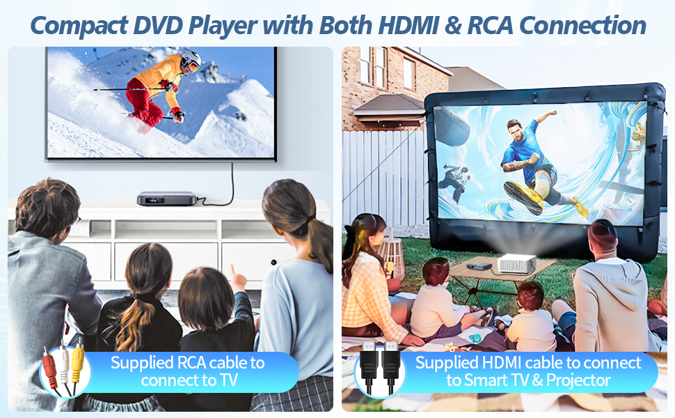 Mini DVD player connected to a TV using HDMI and RCA cables, with both cables included.