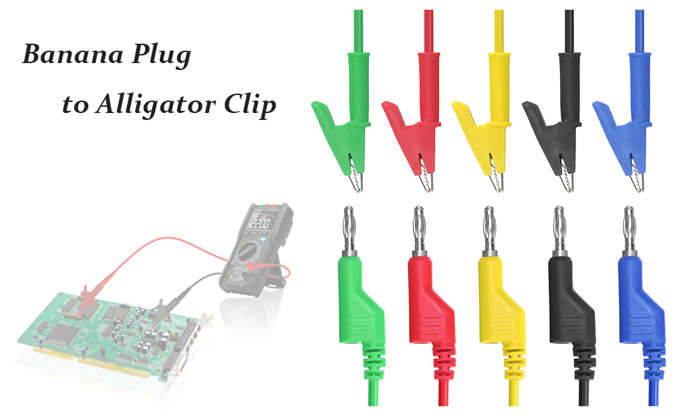 5pcs test leads with alligator clips, 5 color red black yellow blue and green