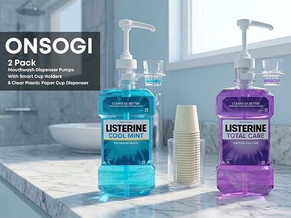 Dispenser Pumps for Listerine 1 or 1.5 Liter Mouthwash Bottles with Cup Holders