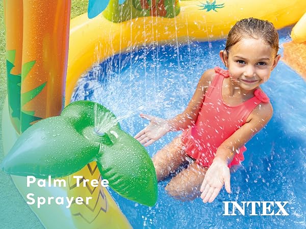 Built-in palm tree water sprayer and waterfall