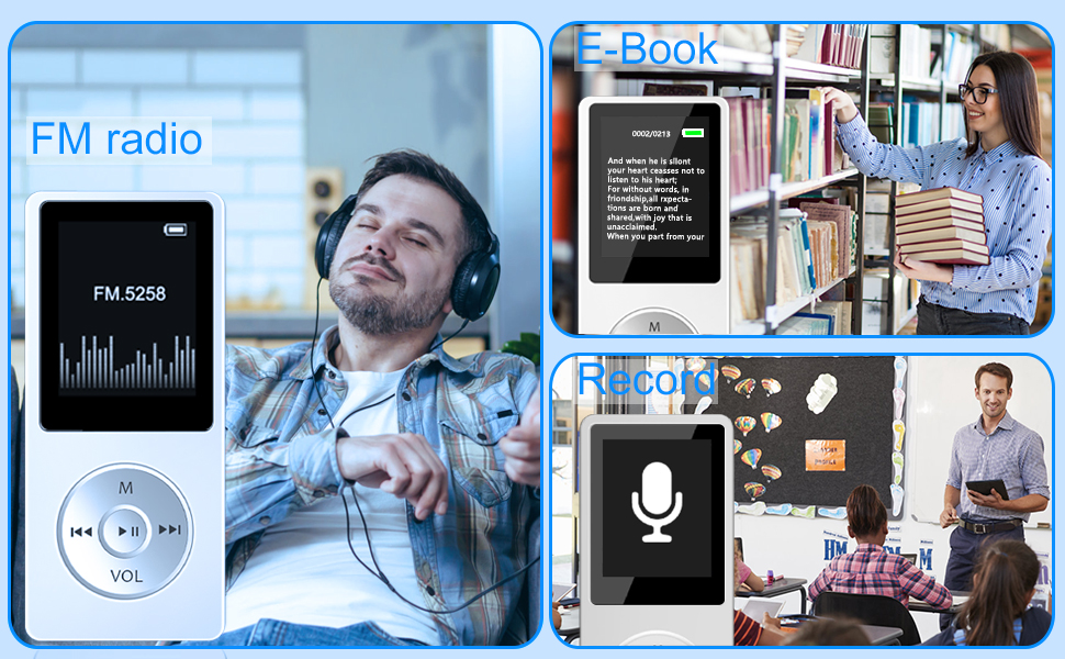 MP3 player supports functions: Video, FM radio, Voice Recording, E-book, Alarm clock