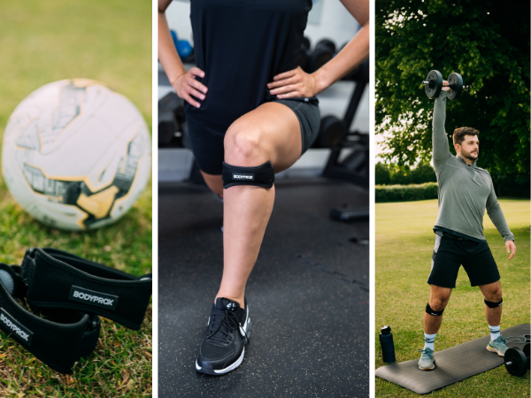 Man working out in a park wearing knee straps