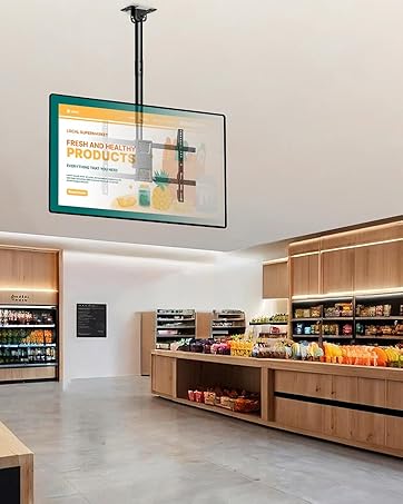 Modern retail interior with suspended ceiling signs, wooden shelving units, and minimalist lighting in an open space layout.