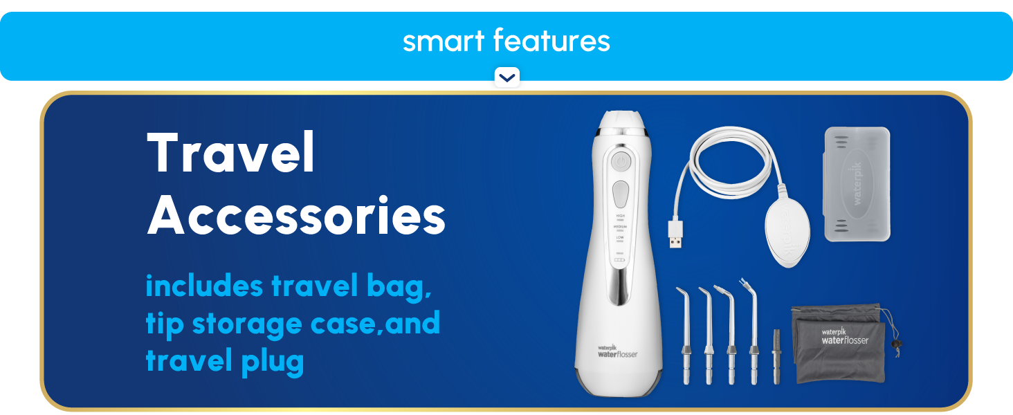 Image of water flosser travel accessories with text reading includes travel bag and tip storage case