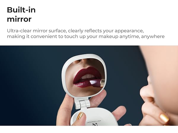 Text reads 'Built-in mirror' and 'Ultra-clear mirror surface clearly reflects your appearance, making it convenient to touch up your makeup anytime, anywhere'. Product detail shots showing reflective surface.