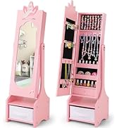 CHARMAID Kids Mirror Jewelry Cabinet - 45.5" Standing Jewelry Armoire with Full Length Mirror, Ki...