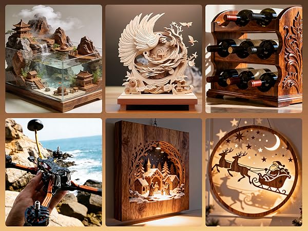Collection of wooden dioramas or mechanical sculptures displayed on shelves, featuring intricate carved figures and moving parts in warm lighting.