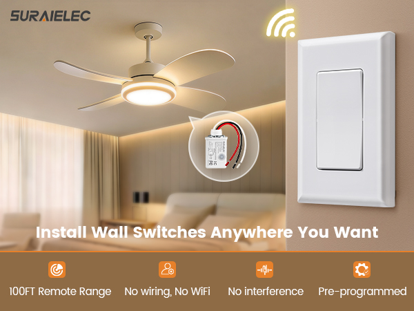 SURAIELEC Wireless Light Switch and Receiver Kit, Decorator Rocker Wall Switch