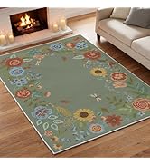 Artoid Mode Green Sunflower Floral Spring Area Rug, Summer Home Decor Low-Profile Non-Slip Washab...