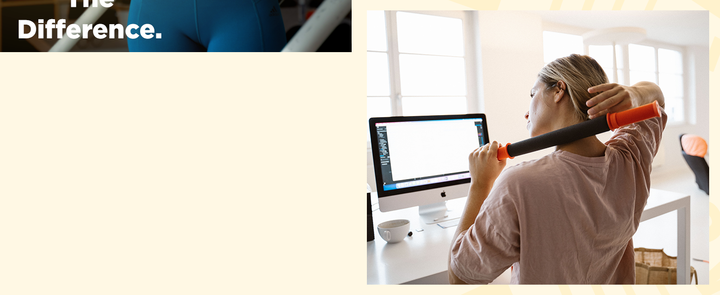 women standing at her desk using muscle roller to relieve tight neck and sore muscles, stick roller